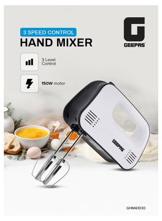 GEEPAS Hand Mixer- GHM43030/ 150 W, Speed Control, Eject Button