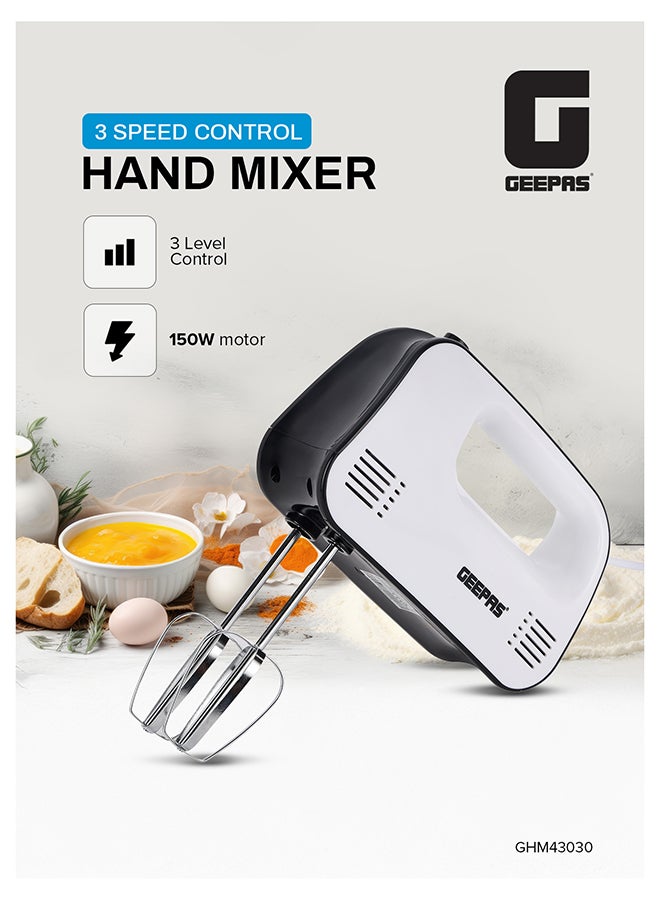 GEEPAS Hand Mixer- GHM43030/ 150 W, 3 Speed Control, Eject Button and Overheat Protection/ Perfect for Kneading Dough, Mixing Batter, Whisking Eggs, etc./ Includes 2 Attachments, Hooks and Beater/ Black and White, 2 Years Warranty 150 W GHM43030 white - Image 1