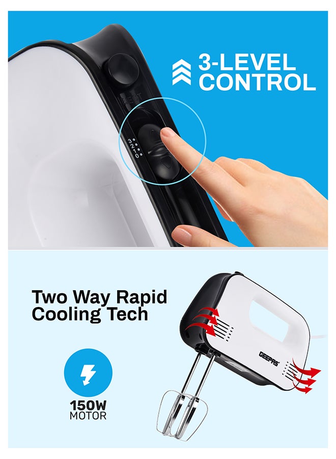 GEEPAS Hand Mixer- GHM43030/ 150 W, 3 Speed Control, Eject Button and Overheat Protection/ Perfect for Kneading Dough, Mixing Batter, Whisking Eggs, etc./ Includes 2 Attachments, Hooks and Beater/ Black and White, 2 Years Warranty 150 W GHM43030 white - Image 4