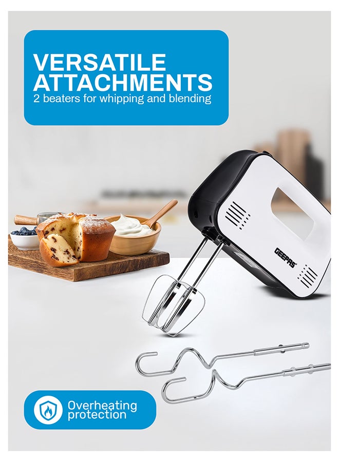 GEEPAS Hand Mixer- GHM43030/ 150 W, 3 Speed Control, Eject Button and Overheat Protection/ Perfect for Kneading Dough, Mixing Batter, Whisking Eggs, etc./ Includes 2 Attachments, Hooks and Beater/ Black and White, 2 Years Warranty 150 W GHM43030 white - Image 3