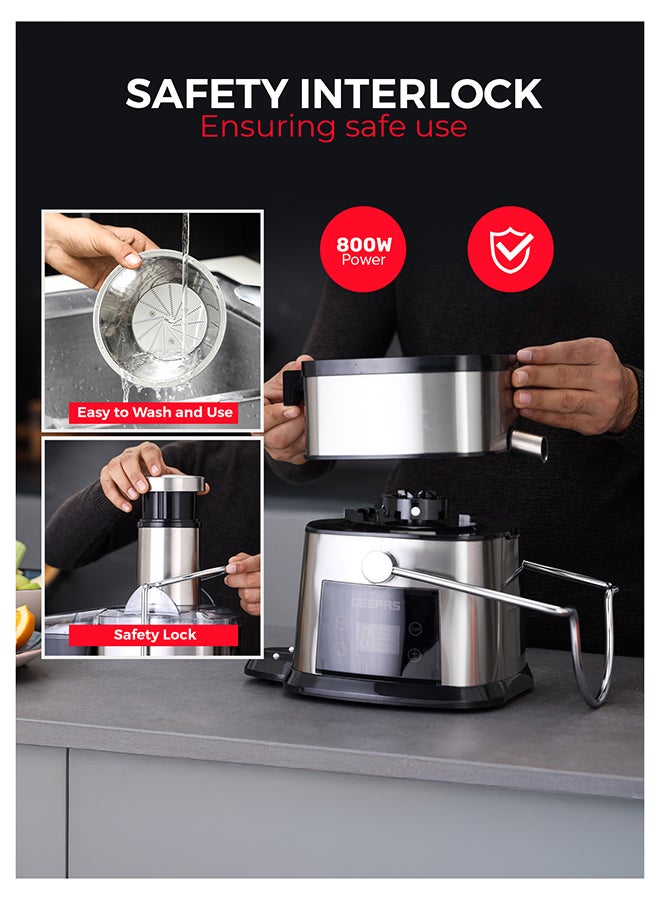 جيباس Digital Juice Extractor 1.0 L Juice Jug | 2.0 Pomace Container, 800 W Powerful Copper Motor with 5 Speed Setting | Touch Control, Stainless Steel Housing, Pusher, Filter and Blade, Perfect for Extracting Juices from Fruits and Vegetables| GJE46023 1 L 800 W GJE46023 Silver & Black - Image 4