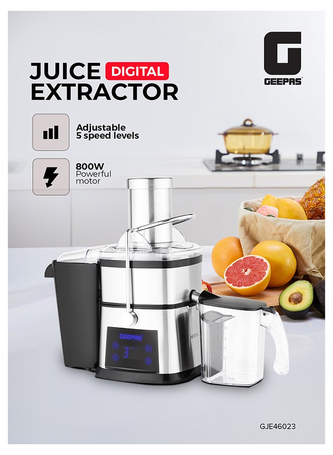 جيباس Digital Juice Extractor 1.0 L Juice Jug | 2.0 Pomace Container, 800 W Powerful Copper Motor with 5 Speed Setting | Touch Control, Stainless Steel Housing, Pusher, Filter and Blade, Perfect for Extracting Juices from Fruits and Vegetables| GJE46023 1 L 800 W GJE46023 Silver & Black - Image 1