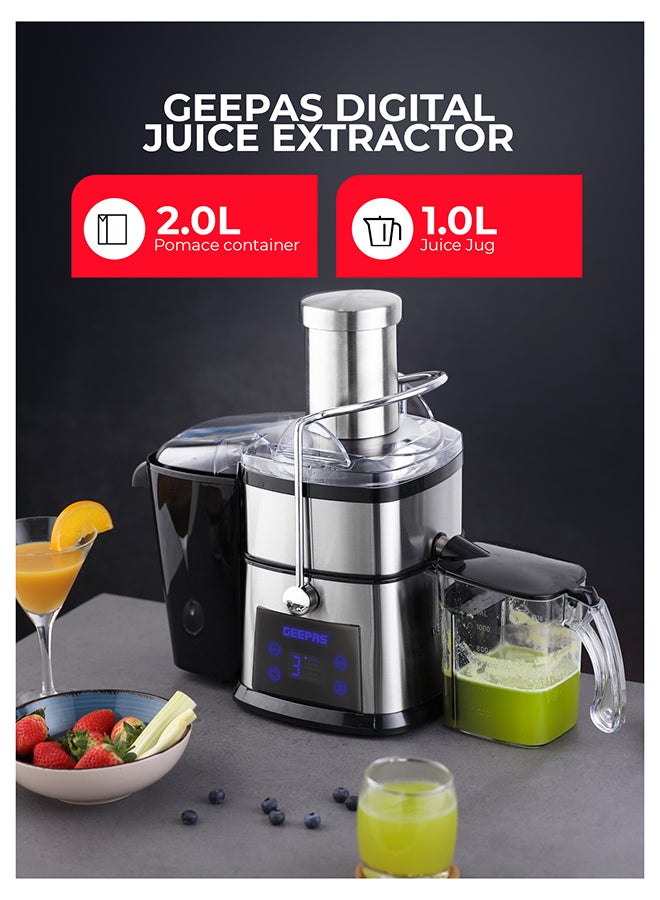 جيباس Digital Juice Extractor 1.0 L Juice Jug | 2.0 Pomace Container, 800 W Powerful Copper Motor with 5 Speed Setting | Touch Control, Stainless Steel Housing, Pusher, Filter and Blade, Perfect for Extracting Juices from Fruits and Vegetables| GJE46023 1 L 800 W GJE46023 Silver & Black - Image 2