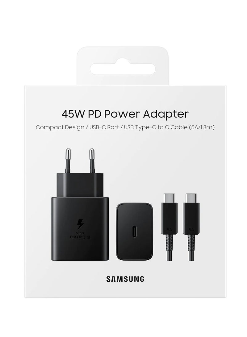 Original 45W PD Power Adapter With Compact Design/USB-C Port/USB Type-C to C Cable (5A/1.8m) Super Fast Charging - Black