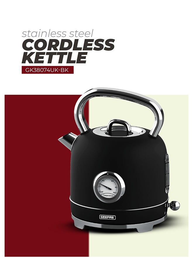 جيباس غلاية ستانلس ستيل سعة 1.8 لتر بقوة 3000 واط | تقنية ستريكس، إيقاف تلقائي، مؤشر درجة الحرارة | مستوى مياه شفاف، غطاء قابل للسحب، ترمومتر مدمج | قاعدة لاسلكية بزاوية 360° | GK38074UK-BK أسود - Image 1