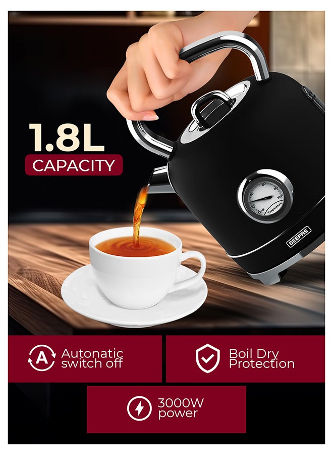 جيباس غلاية ستانلس ستيل سعة 1.8 لتر بقوة 3000 واط | تقنية ستريكس، إيقاف تلقائي، مؤشر درجة الحرارة | مستوى مياه شفاف، غطاء قابل للسحب، ترمومتر مدمج | قاعدة لاسلكية بزاوية 360° | GK38074UK-BK أسود - Image 2