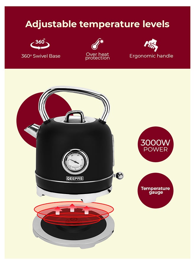 جيباس غلاية ستانلس ستيل سعة 1.8 لتر بقوة 3000 واط | تقنية ستريكس، إيقاف تلقائي، مؤشر درجة الحرارة | مستوى مياه شفاف، غطاء قابل للسحب، ترمومتر مدمج | قاعدة لاسلكية بزاوية 360° | GK38074UK-BK أسود - Image 3