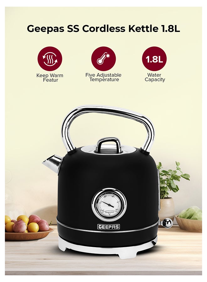 جيباس غلاية ستانلس ستيل سعة 1.8 لتر بقوة 3000 واط | تقنية ستريكس، إيقاف تلقائي، مؤشر درجة الحرارة | مستوى مياه شفاف، غطاء قابل للسحب، ترمومتر مدمج | قاعدة لاسلكية بزاوية 360° | GK38074UK-BK أسود - Image 4