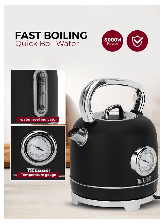 جيباس غلاية ستانلس ستيل سعة 1.8 لتر بقوة 3000 واط | تقنية ستريكس، إيقاف تلقائي، مؤشر درجة الحرارة | مستوى مياه شفاف، غطاء قابل للسحب، ترمومتر مدمج | قاعدة لاسلكية بزاوية 360° | GK38074UK-BK أسود - Image 5