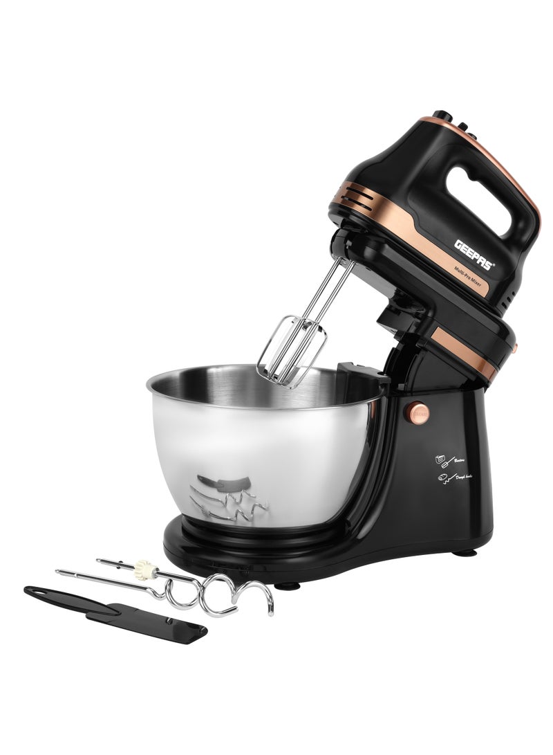 GEEPAS Stand Mixer with Swing Head- GSM43033/ 500 W, Powerful Motor with 4.5 liters Stainless Steel Bowl/ Perfect for Kneading Dough, Mixing Batter, Whisking Eggs, etc./ 5 Speed with Turbo Function, Includes a Hook, Beater Whisk 4.5 L 500 W GSM43033 Black & Brown  - Image 1