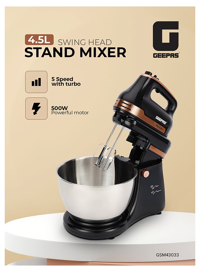 جيباس خلاط قائم برأس متأرجح - GSM43033/ 500 واط، محرك قوي مع وعاء من الفولاذ المقاوم للصدأ سعة 4.5 لتر/ مثالي لعجن العجين، خلط العجين، خفق البيض، إلخ./ 5 سرعات مع وظيفة توربو، يتضمن خطاف، خفاقة خلط. - Image 1