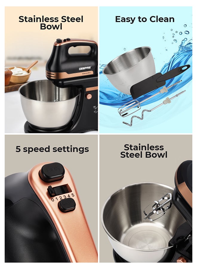 جيباس خلاط قائم برأس متأرجح - GSM43033/ 500 واط، محرك قوي مع وعاء من الفولاذ المقاوم للصدأ سعة 4.5 لتر/ مثالي لعجن العجين، خلط العجين، خفق البيض، إلخ./ 5 سرعات مع وظيفة توربو، يتضمن خطاف، خفاقة خلط. - Image 5