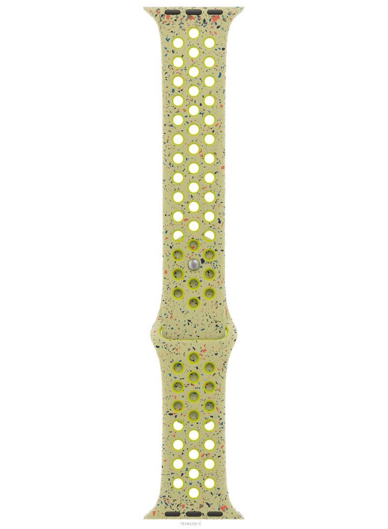 MARGOUN Silicone Sport Strap For iWatch Series Ultra 2/Ultra 10 9 8 7 SE 6 5 4 3 2 1 Watch Band 49mm 46mm 45mm 44mm 42mm Series 3 Replacement Band With Colored Particles Olive Green with Yellow Holes  - Image 3