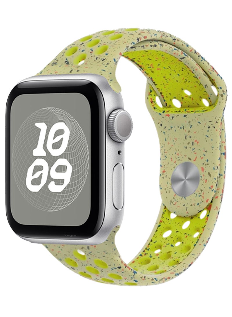 MARGOUN Silicone Sport Strap For iWatch Series Ultra 2/Ultra 10 9 8 7 SE 6 5 4 3 2 1 Watch Band 49mm 46mm 45mm 44mm 42mm Series 3 Replacement Band With Colored Particles Olive Green with Yellow Holes  - Image 2