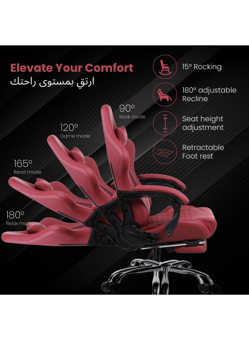 Dowinx Gaming Chair – Massage Cushion, Premium PU Leather, Ergonomic Design with Footrest, 360° Swivel, Adjustable Neck & Lumbar Pillow for Back Support, Home & Office Chair (Maroon LA) Maroon  - Image 4