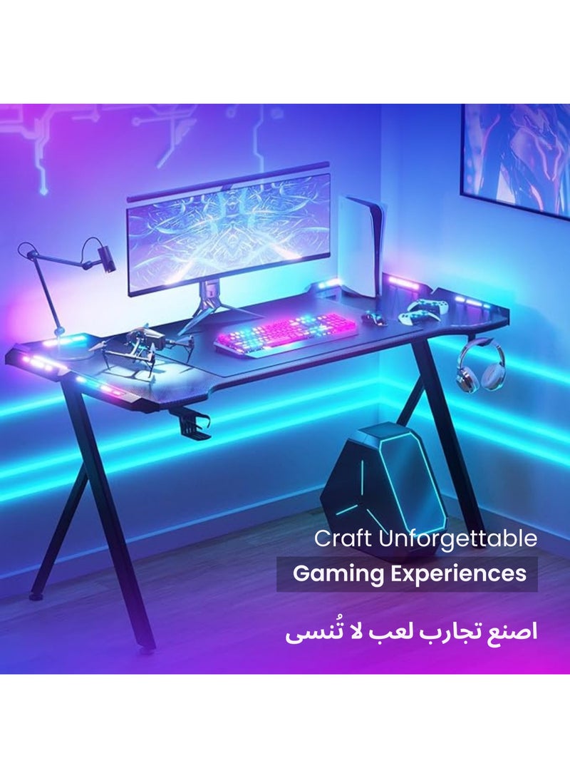 Dowinx Dowinx Gaming Desk with LED Lights, WFH Desk, Free Mousepad, 48-inch RGB Gaming Computer Table with Carbon Fiber Surface, LED Home Office Desk, PC Workstation with Cup Holder and Headphone Hook, Black Black  - Image 2