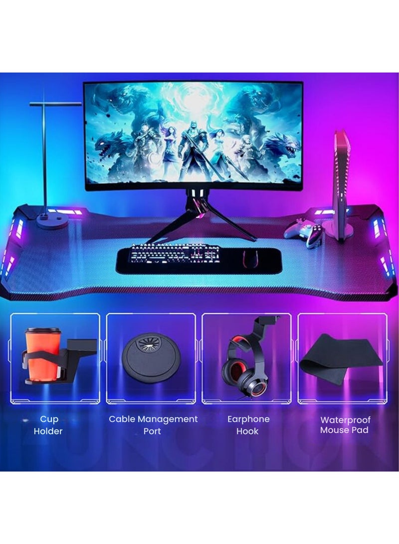 Dowinx Dowinx Gaming Desk with LED Lights, WFH Desk, Free Mousepad, 48-inch RGB Gaming Computer Table with Carbon Fiber Surface, LED Home Office Desk, PC Workstation with Cup Holder and Headphone Hook, Black Black  - Image 4