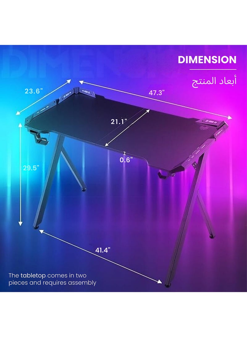 طاولة ألعاب داوينكس، 48" طاولة كمبيوتر مريحة من ألياف الكربون مع أضواء LED RGB، جهاز تحكم عن بعد، حامل أكواب و خطاف سماعات، طاولة ألعاب للمنزل والمكتب (أسود) - Image 5