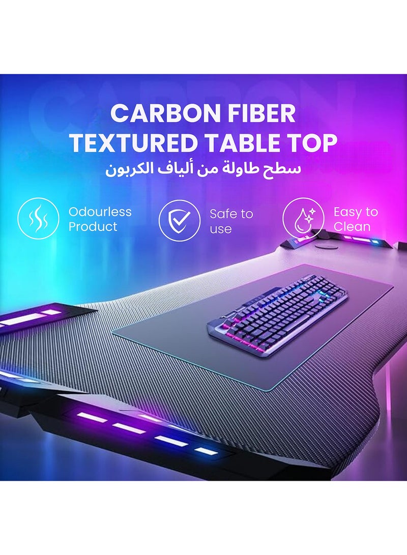 طاولة ألعاب داوينكس، 48" طاولة كمبيوتر مريحة من ألياف الكربون مع أضواء LED RGB، جهاز تحكم عن بعد، حامل أكواب و خطاف سماعات، طاولة ألعاب للمنزل والمكتب (أسود) - Image 4