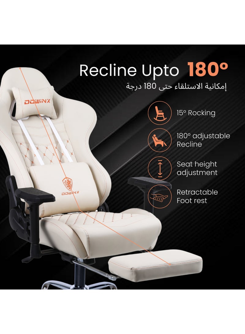 Dowinx Dowinx Gaming Chair – Massage Cushion, Premium PU Leather, Ergonomic Design with Footrest, 360° Swivel, Adjustable Neck & Lumbar Pillow for Back Support, Home & Office Chair (White 4D) White  - Image 4