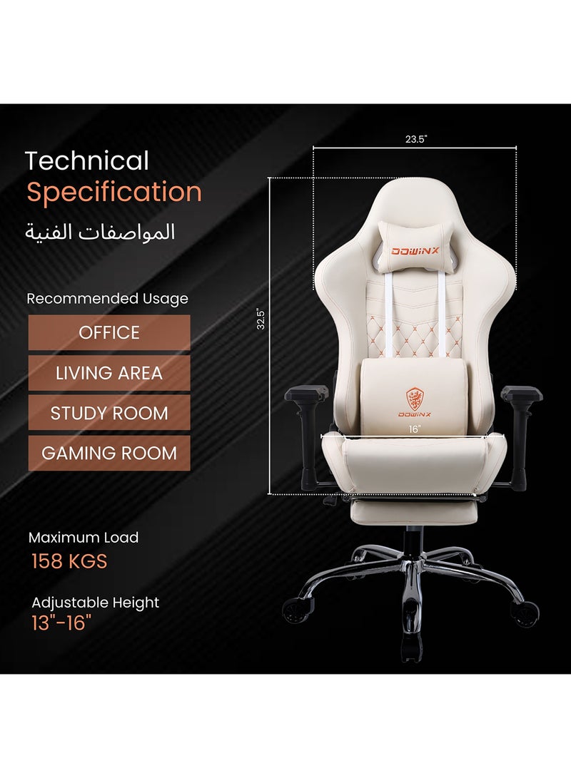 Dowinx Ergonomic Gaming Chair with USB Massage Cushion, Retractable Footrest & Adjustable Lumbar Support – PU Leather Office Furniture Computer Chair with Linkage Armrests for Home & Work (White 4D) White - Image 5