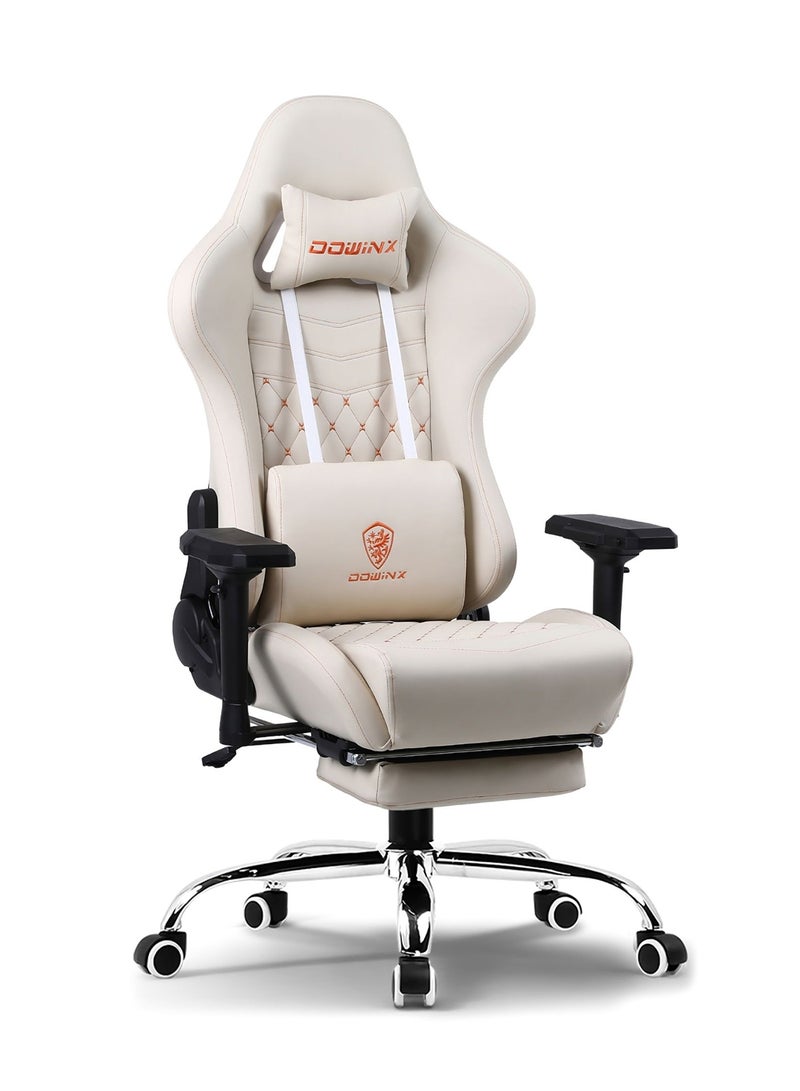 Dowinx Ergonomic Gaming Chair with USB Massage Cushion, Retractable Footrest & Adjustable Lumbar Support – PU Leather Office Furniture Computer Chair with Linkage Armrests for Home & Work (White 4D) White - Image 1