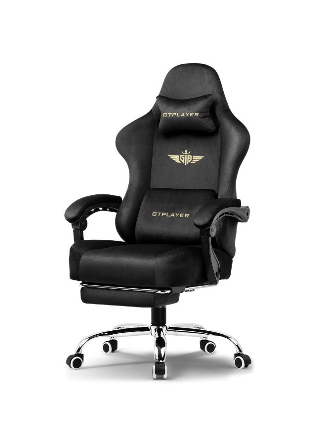 جي تي بلاير كرسي ألعاب GTPLAYER، كرسي مكتب من القماش القابل للتهوية مع وسادة زنبركية جيبية ومساند أذرع قابلة للربط، كرسي كمبيوتر مريح ذو ظهر مرتفع مع دعم قطني ومسند للقدمين (أسود مخملي) - Image 1