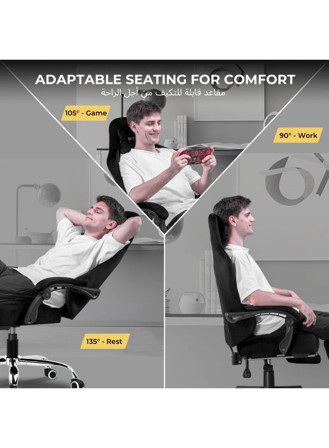 جي تي بلاير كرسي ألعاب GTPLAYER، كرسي مكتب من القماش القابل للتهوية مع وسادة زنبركية جيبية ومساند أذرع قابلة للربط، كرسي كمبيوتر مريح ذو ظهر مرتفع مع دعم قطني ومسند للقدمين (أسود مخملي) - Image 5