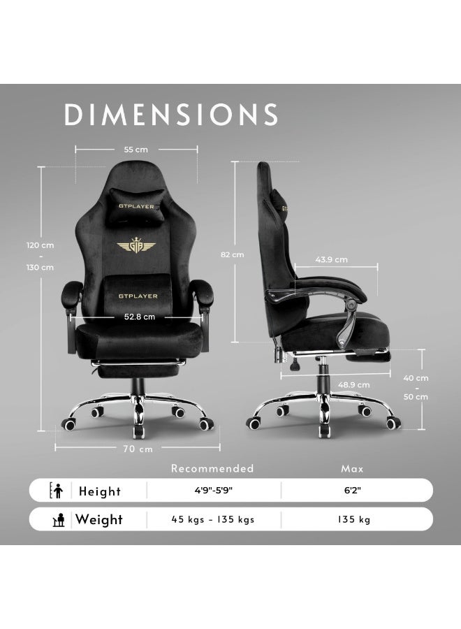 جي تي بلاير كرسي ألعاب GTPLAYER، كرسي مكتب من القماش القابل للتهوية مع وسادة زنبركية جيبية ومساند أذرع قابلة للربط، كرسي كمبيوتر مريح ذو ظهر مرتفع مع دعم قطني ومسند للقدمين (أسود مخملي) - Image 4