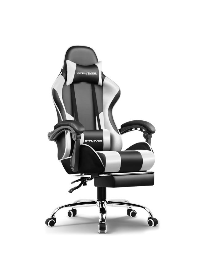 جي تي بلاير كرسي ألعاب - وسادة تدليك، جلد بولي يوريثان فاخر، تصميم مريح مع مسند للقدمين، دوران 360 درجة، وسادة قابلة للتعديل للرقبة وأسفل الظهر لدعم الظهر، كرسي منزلي ومكتبي (أبيض) - Image 1