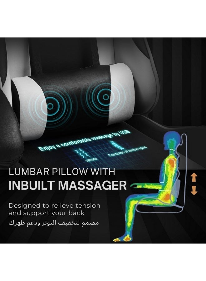 جي تي بلاير كرسي ألعاب - وسادة تدليك، جلد بولي يوريثان فاخر، تصميم مريح مع مسند للقدمين، دوران 360 درجة، وسادة قابلة للتعديل للرقبة وأسفل الظهر لدعم الظهر، كرسي منزلي ومكتبي (أبيض) - Image 2