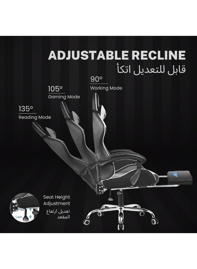 جي تي بلاير كرسي ألعاب - وسادة تدليك، جلد بولي يوريثان فاخر، تصميم مريح مع مسند للقدمين، دوران 360 درجة، وسادة قابلة للتعديل للرقبة وأسفل الظهر لدعم الظهر، كرسي منزلي ومكتبي (أسود) - Image 5