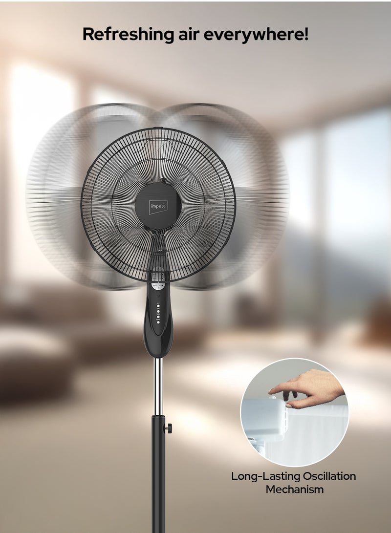 Impex Remote Control Pedestal Fan | High-Speed 1200 RPM | 3 Wind Modes (Sleep/Normal/Natural) | Powerful Motor | 55W | 7.5-Hour Working Time | Sturdy Body | Ideal For Home, Office, Restaurant, Garage | 55 W PF 7504 Black - Image 4