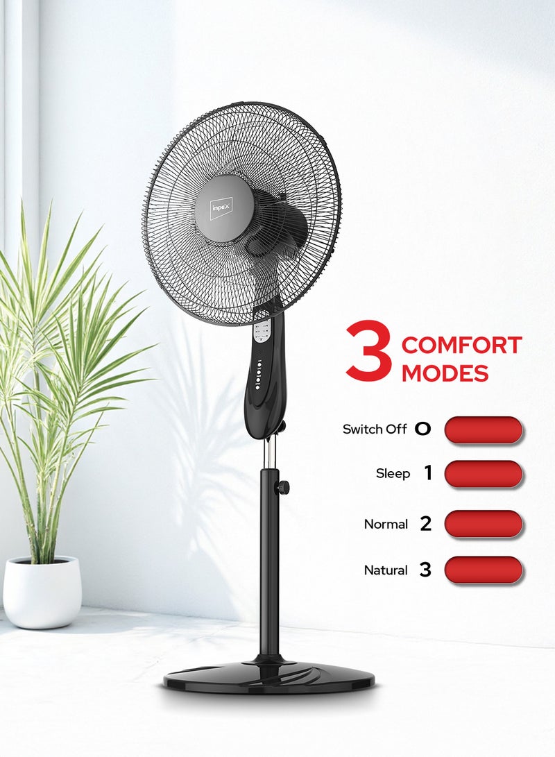 Impex Remote Control Pedestal Fan | High-Speed 1200 RPM | 3 Wind Modes (Sleep/Normal/Natural) | Powerful Motor | 55W | 7.5-Hour Working Time | Sturdy Body | Ideal For Home, Office, Restaurant, Garage | 55 W PF 7504 Black - Image 3