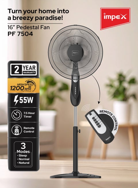 Remote Control Pedestal Fan | High-Speed 1200 RPM | 3 Wind Modes (Sleep/Normal/Natural) | Powerful Motor | 55W | 7.5-Hour Working Time | Sturdy Body | Ideal For Home, Office, Restaurant, Garage | 55 W PF 7504 Black