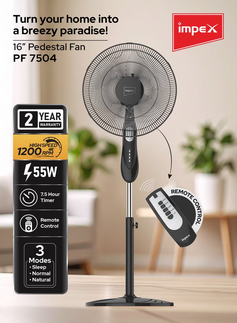 Impex Remote Control Pedestal Fan | High-Speed 1200 RPM | 3 Wind Modes (Sleep/Normal/Natural) | Powerful Motor | 55W | 7.5-Hour Working Time | Sturdy Body | Ideal For Home, Office, Restaurant, Garage | 55 W PF 7504 Black - Image 1