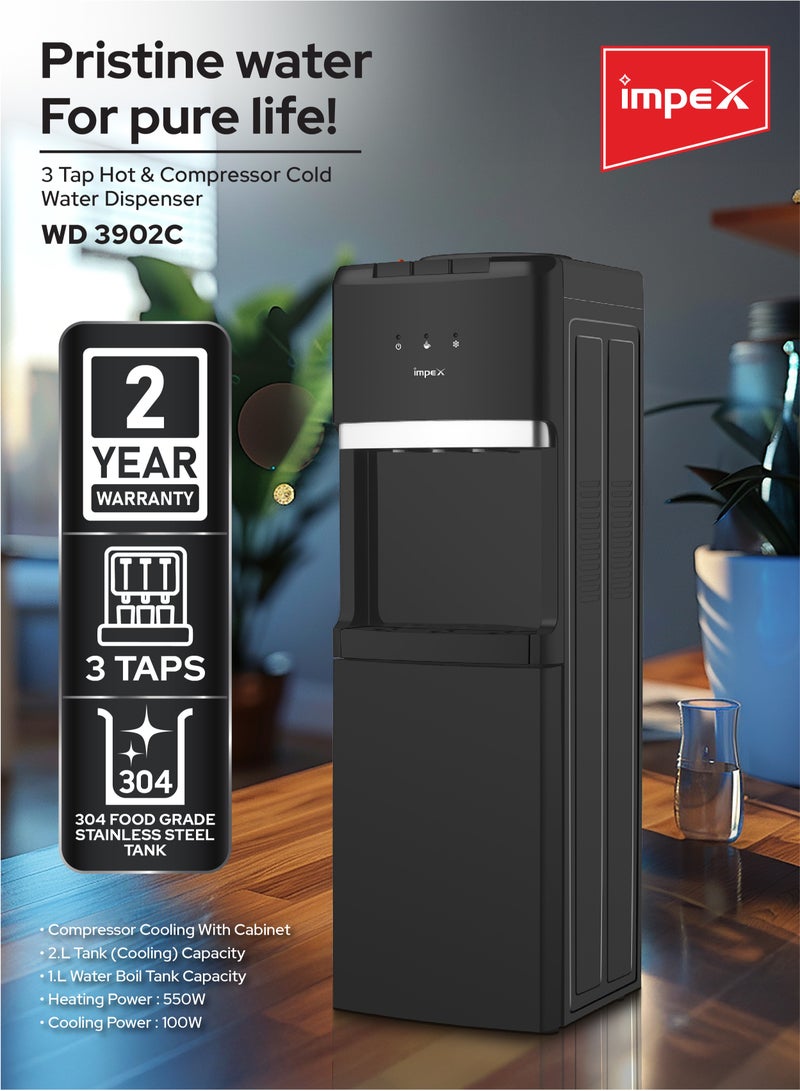 Impex 3 Tap Water Dispenser with Cabinet | Compressor Cooling | Stainless Steel Tank | 2L Cooling & 1L Boiling Capacity | 550W Heating | 100W Cooling | Ideal For Home, Office or Commercial Use | 220-240V | WD 3902C Black  - Image 2