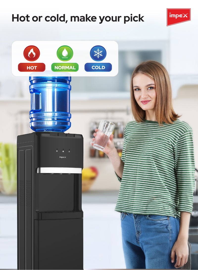 Impex 3 Tap Water Dispenser with Cabinet | Compressor Cooling | Stainless Steel Tank | 2L Cooling & 1L Boiling Capacity | 550W Heating | 100W Cooling | Ideal For Home, Office or Commercial Use | 220-240V | WD 3902C Black  - Image 3