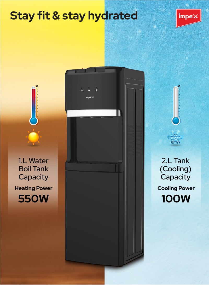 Impex 3 Tap Water Dispenser with Cabinet | Compressor Cooling | Stainless Steel Tank | 2L Cooling & 1L Boiling Capacity | 550W Heating | 100W Cooling | Ideal For Home, Office or Commercial Use | 220-240V | WD 3902C Black  - Image 5