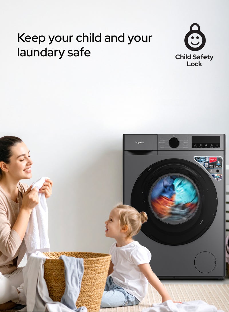 8 Kg Front Load Washing Machine | BLDC Inverter Motor | 1200 RPM | 11 Wash Programs | 5 Advanced Functions | 52L Drum Volume | LED Display | Child Safety Lock | Time Delay Function | | Low Noise | Energy Efficient | 52 L 450 W WM0800FS Grey