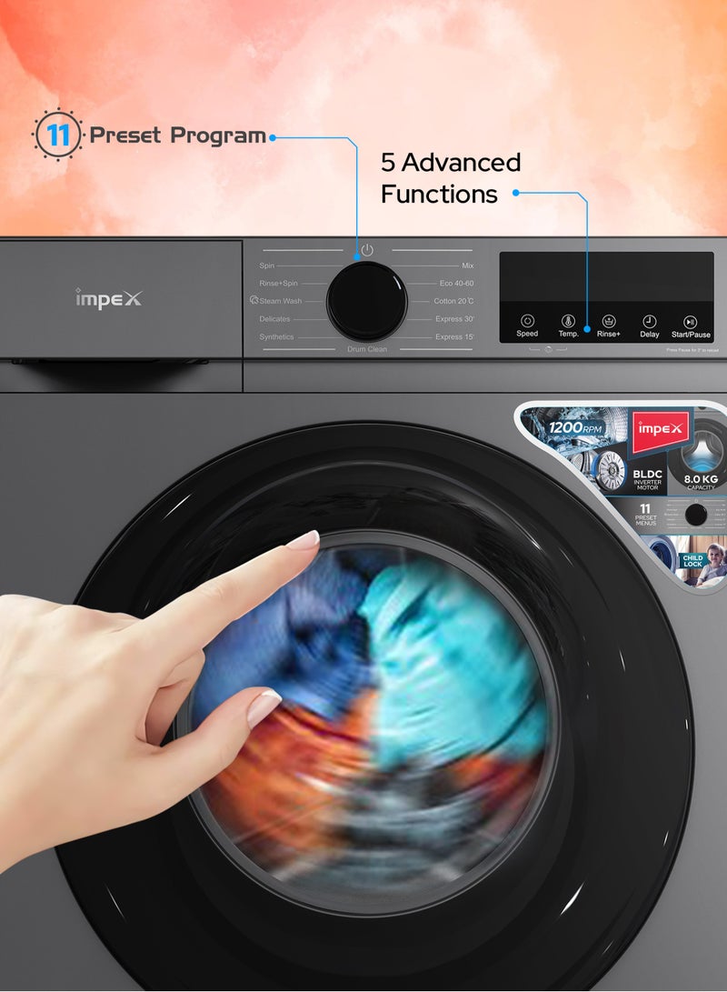 8 Kg Front Load Washing Machine | BLDC Inverter Motor | 1200 RPM | 11 Wash Programs | 5 Advanced Functions | 52L Drum Volume | LED Display | Child Safety Lock | Time Delay Function | | Low Noise | Energy Efficient | 52 L 450 W WM0800FS Grey