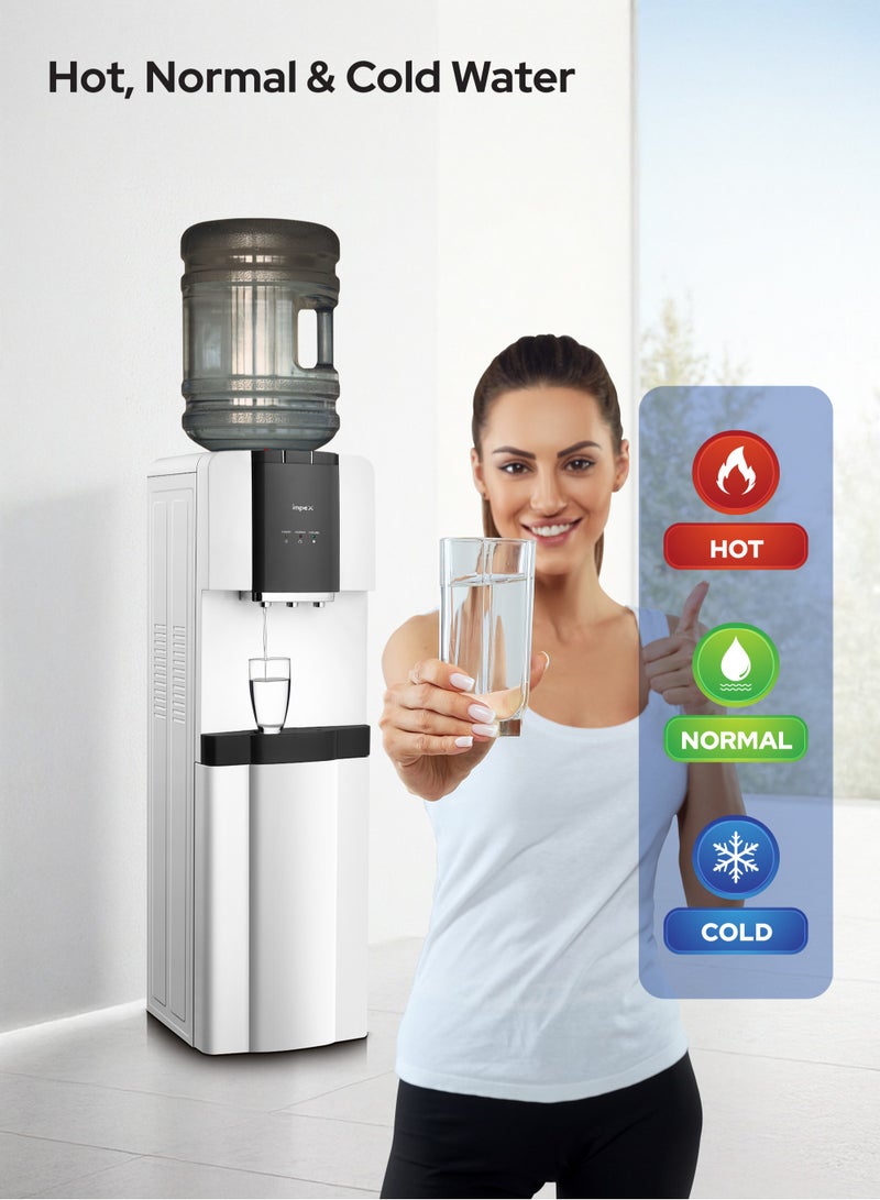 Impex 3 Tap Water Dispenser with Refrigerator Cabinet | Hot, Cold & Normal Water | 13L Capacity | 304 Stainless Steel Tank | Compressor Cooling | 2.0L Cooling & 1.0L Heating Capacity | 550W Heating, 100W Cooling | WD 3905RC White  - Image 3
