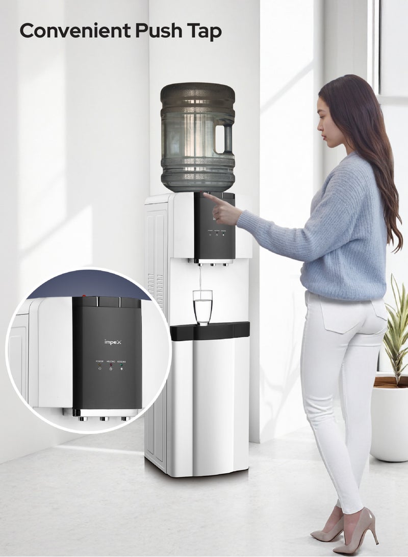 Impex 3 Tap Water Dispenser with Refrigerator Cabinet | Hot, Cold & Normal Water | 13L Capacity | 304 Stainless Steel Tank | Compressor Cooling | 2.0L Cooling & 1.0L Heating Capacity | 550W Heating, 100W Cooling | WD 3905RC White  - Image 4
