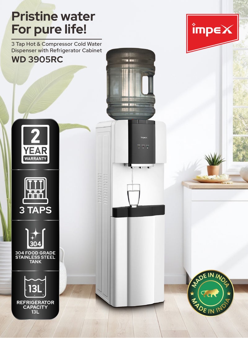 Impex 3 Tap Water Dispenser with Refrigerator Cabinet | Hot, Cold & Normal Water | 13L Capacity | 304 Stainless Steel Tank | Compressor Cooling | 2.0L Cooling & 1.0L Heating Capacity | 550W Heating, 100W Cooling | WD 3905RC White  - Image 2