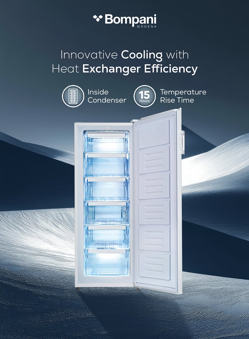 بومباني Bompani Upright Freezer 250L Gross / 172L Net, Single Door, 5 Drawers + 1 Flap, Manual Defrost, Mechanical Temperature Control, R600A Refrigerant, Lock & Key, Inox Gray – Buf265Ssn BUF265SSN INOX GREY  - Image 3