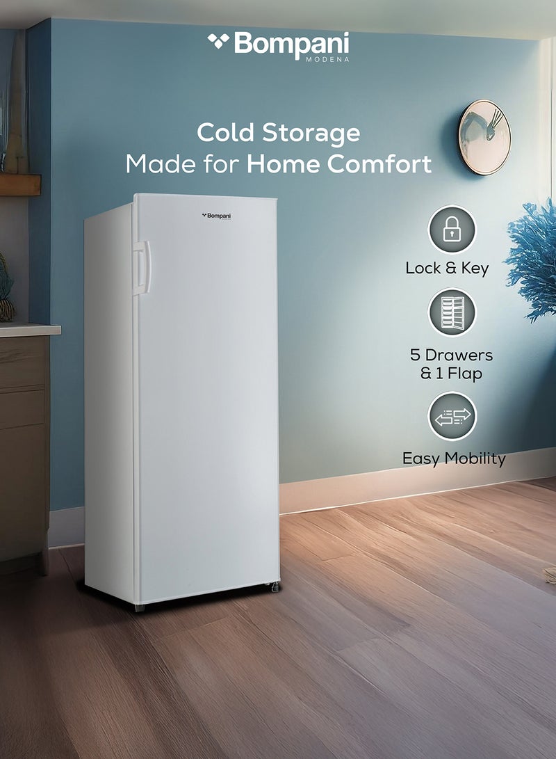 بومباني Bompani Upright Freezer 250L Gross / 172L Net, Single Door, 5 Drawers + 1 Flap, Manual Defrost, Mechanical Temperature Control, R600A Refrigerant, Lock & Key, Inox Gray – Buf265Ssn BUF265SSN INOX GREY  - Image 4