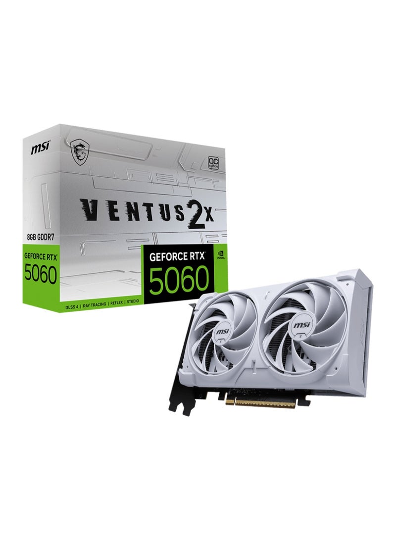 MSI GeForce RTX 5060 8G VENTUS 2X OC WHITE Graphics Card, 8GB GDDR7, PCIe Gen5 x16, 128-bit, Dual TORX Fan 5.0, DLSS 4, Ray Tracing, HDMI 2.1 & Triple DisplayPort 2.1, AV1 Encoder, 2527 MHz Boost Clock, 145W TDP, VR Ready, White Backplate, Compact 2-Slot Design | 912-V537-018  - Image 1