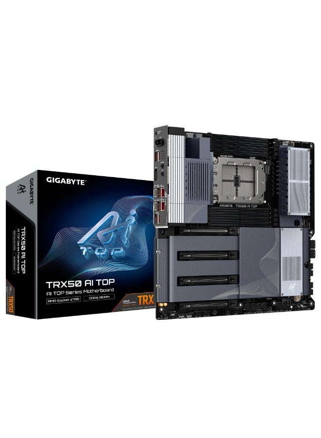 جيجابايت TRX50 AI TOP E-ATX Motherboard, sTR5, Threadripper PRO/7000 Support, 8x DDR5 ECC (Up to 2TB), 4x PCIe 5.0 x16, 4x M.2 Gen5, Dual 10GbE, USB4, Wi-Fi 7, BT 5.3, ALC4080 Audio, RGB, AI Utility, Q-Flash, UC BIOS | TRX50 AI TOP  - Image 1
