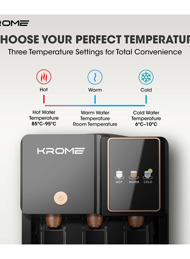 كروم موزع مياه كروما، مياه ساخنة وباردة وعادية، تبريد بالكمبريسور، قفل أمان للأطفال، خزانات من الفولاذ المقاوم للصدأ، تسخين 500 واط، تبريد 90 واط، خزانة تخزين | مثالي للاستخدام في المنزل والمكتب I KR-WTL3TGB - Image 4