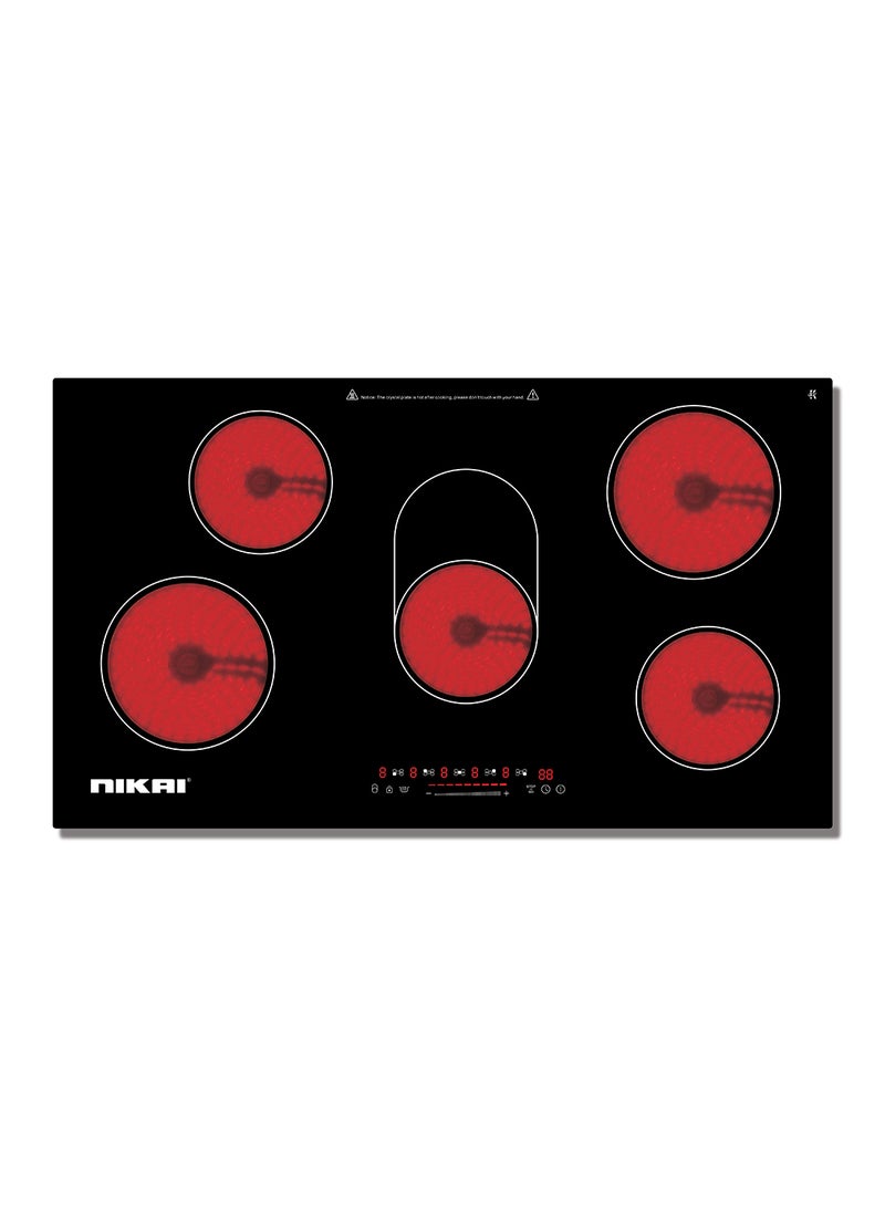 نيكاي 5 Burners Infrared Cooktop – 90cm Ceramic Hob with 5 Burners, Sensor Touch Control, 9 Power Levels, 99-Min Timer, 6200W, Power & Temperature Indicator, Keep Warm Function NGH96C Black 